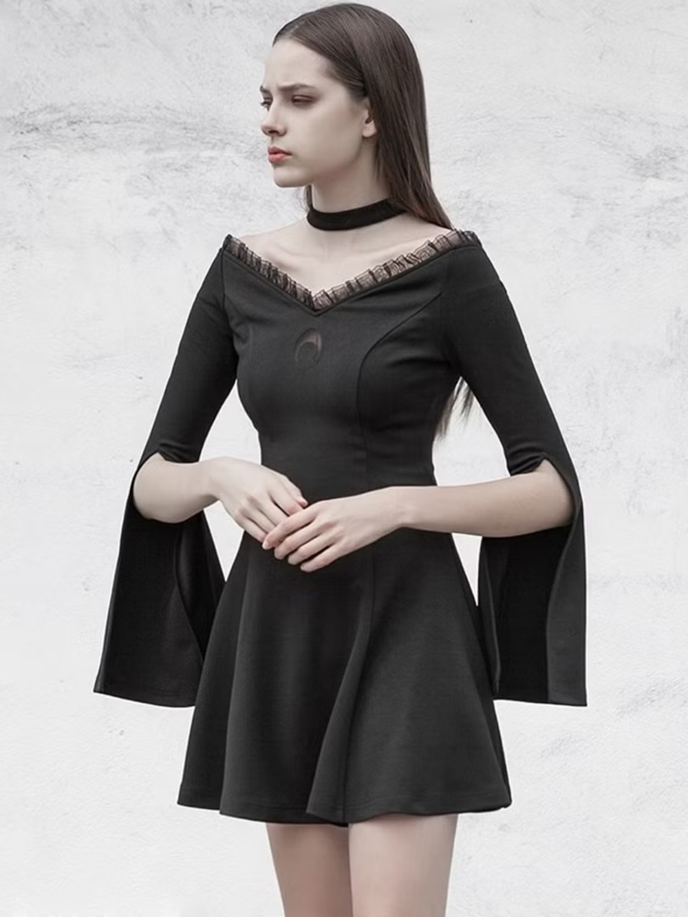 Black Gothic Off-Shoulder A-Line Dress Lace Open Sleeves Moon Magic Witchy S